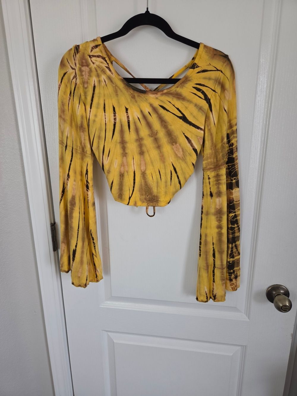 Women’s Yellow Tie-Dye Long Sleeve Crop Top with Crisscross Back